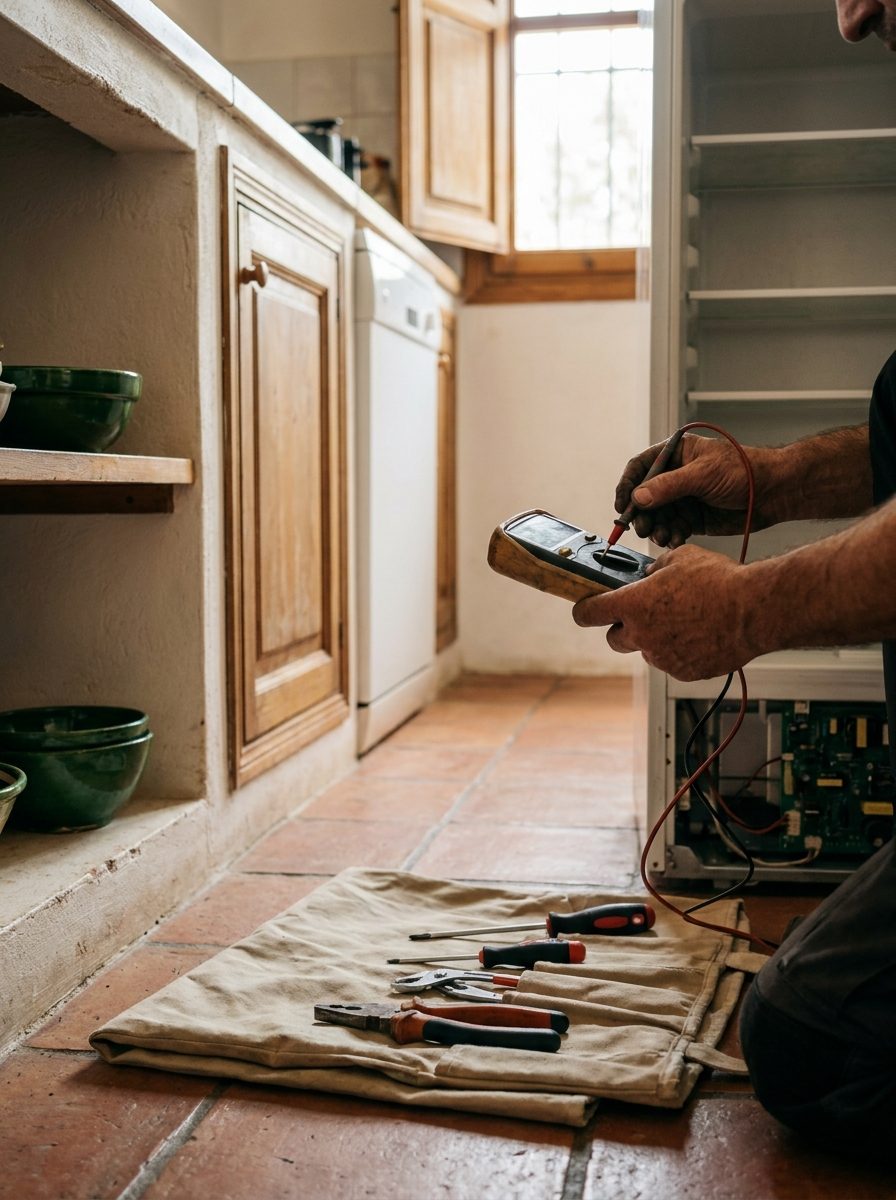 Técnico midiendo la placa electrónica de un frigorífico