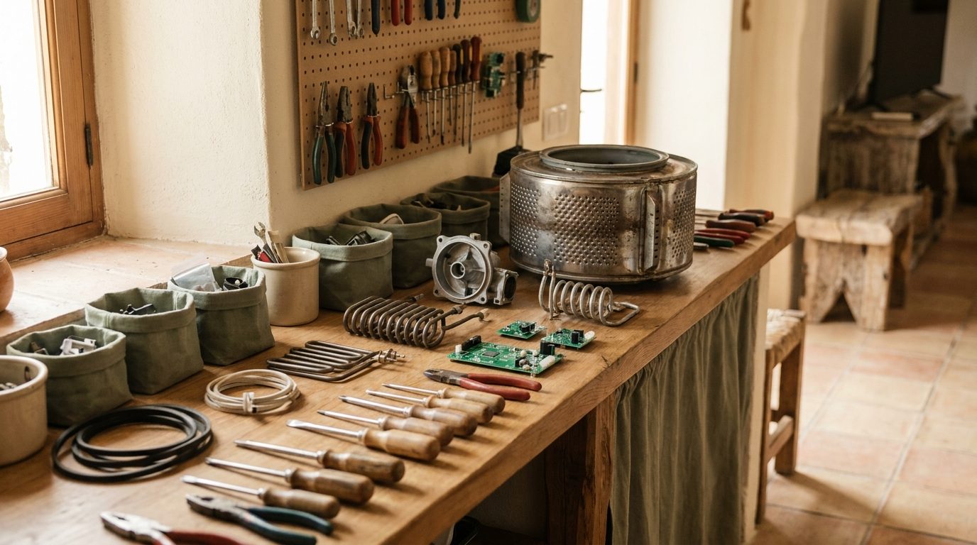 Banco de trabajo con recambios y herramientas de reparación de electrodomésticos